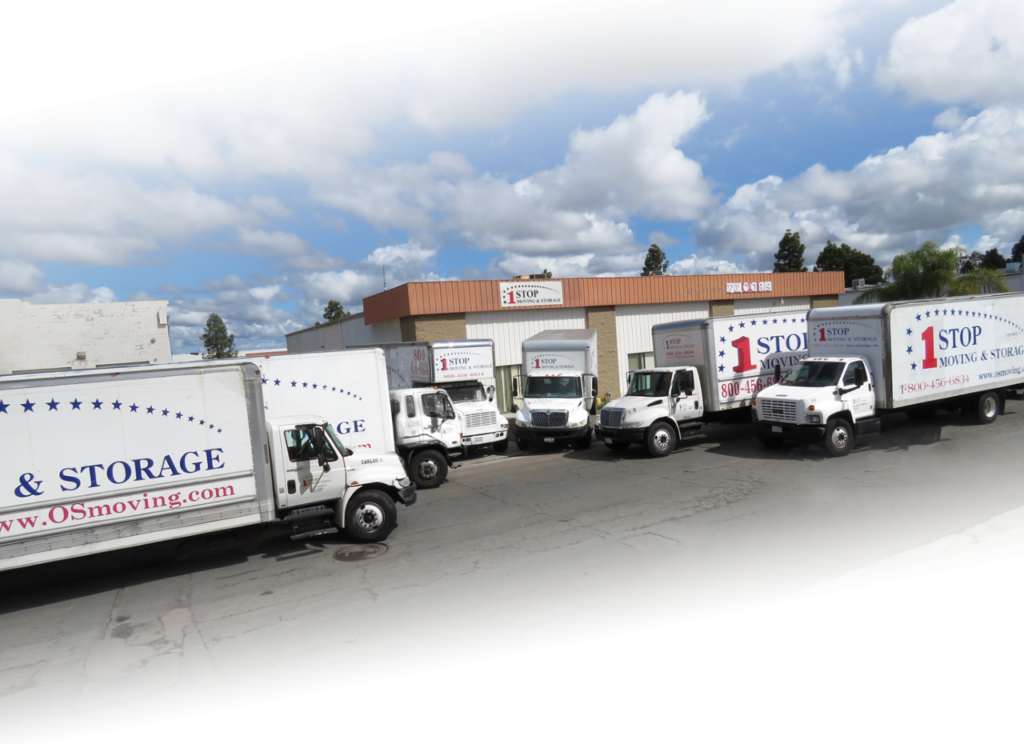 Professional moving company trucks and warehouse