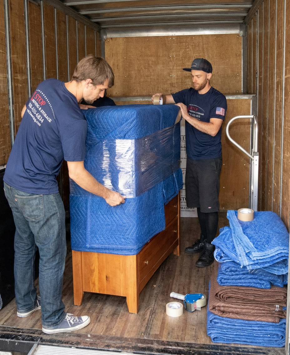 Elevator padded with moving blankets for building protection