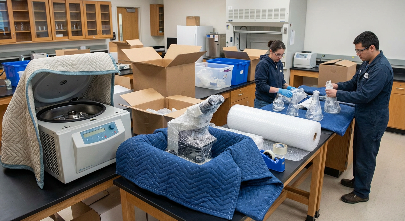 Lab equipment packed with padded blankets and protective wrap