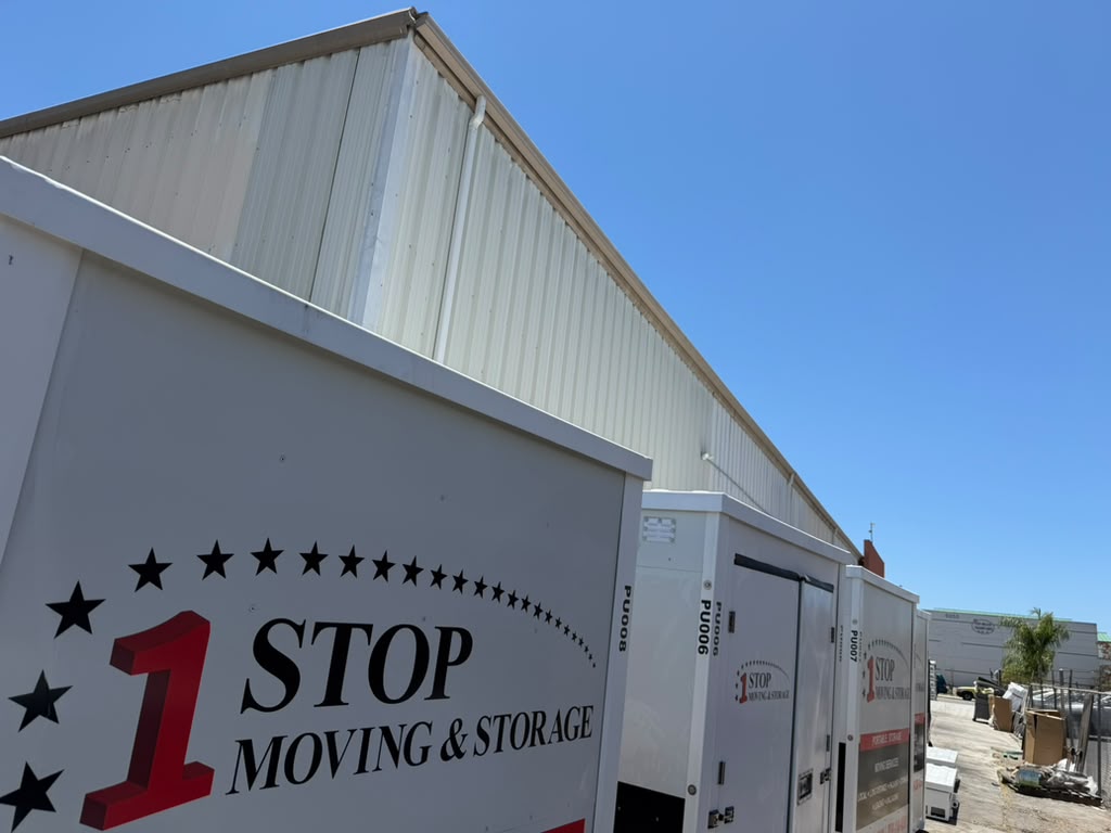 One Stop Moving & Storage portable containers lined up in our San Diego yard before delivery to Oceanside