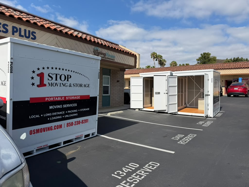 One Stop Moving & Storage portable storage containers at our San Diego facility, delivered to Escondido driveways and rural lots