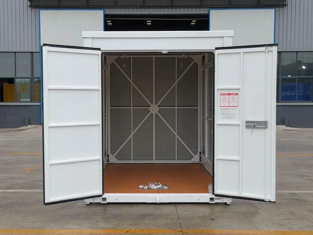 Portable storage container with both doors open, showing the empty interior, steel frame and wood floor at ground level