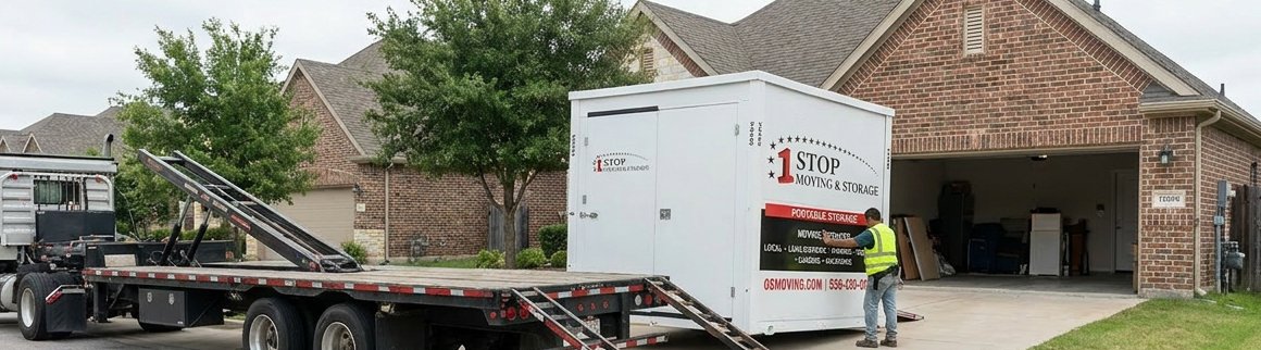Flatbed truck delivering a portable storage container to a driveway