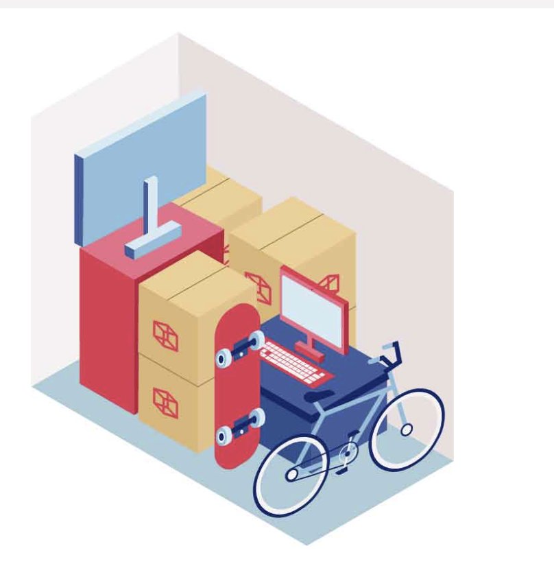 Isometric illustration of a 5 by 5 storage unit loaded with boxes, a desk and a bicycle