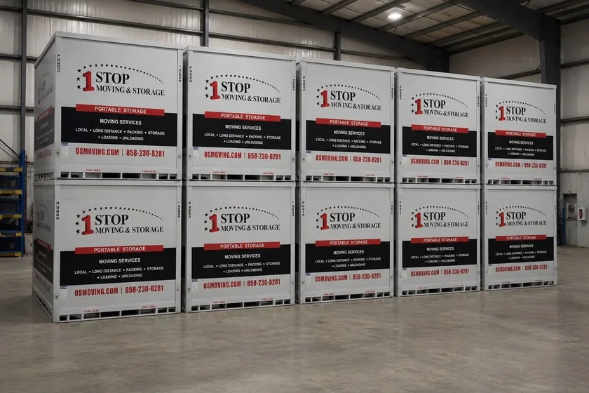 Ten 1-Box containers stacked two high in an indoor warehouse, each lettered for One Stop Moving & Storage.